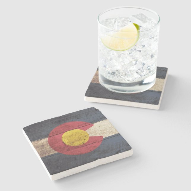 Colorado State Flag on Old Wood Grain Stone Coaster (Side)