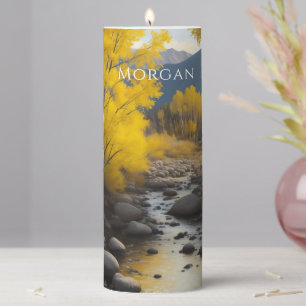 Colorado Stream & Aspen Trees Art, Name or Message Pillar Candle