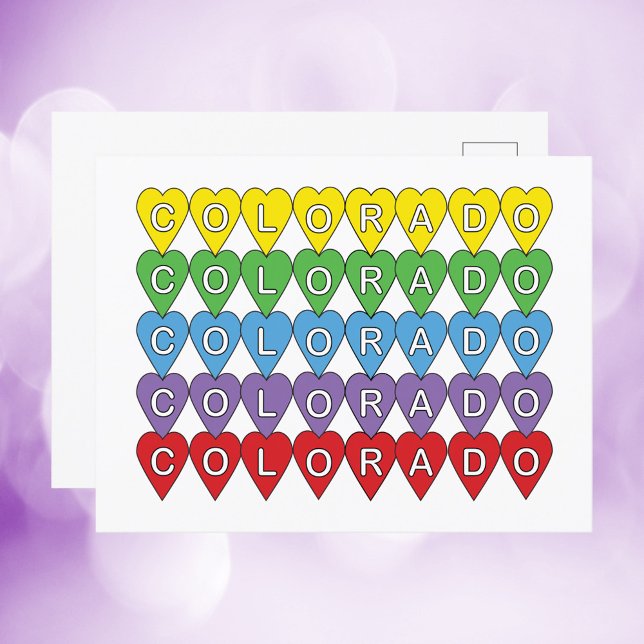 Colorado US Hearts Colorful Postcard (A postcard with the US state of Colorado in yellow, green, blue, purple and red hearts)