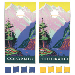 Colorado vintage illustration with mountains cornhole set