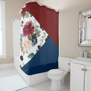 Colorblock Boho Bloom Burgundy and Navy Pattern Shower Curtain