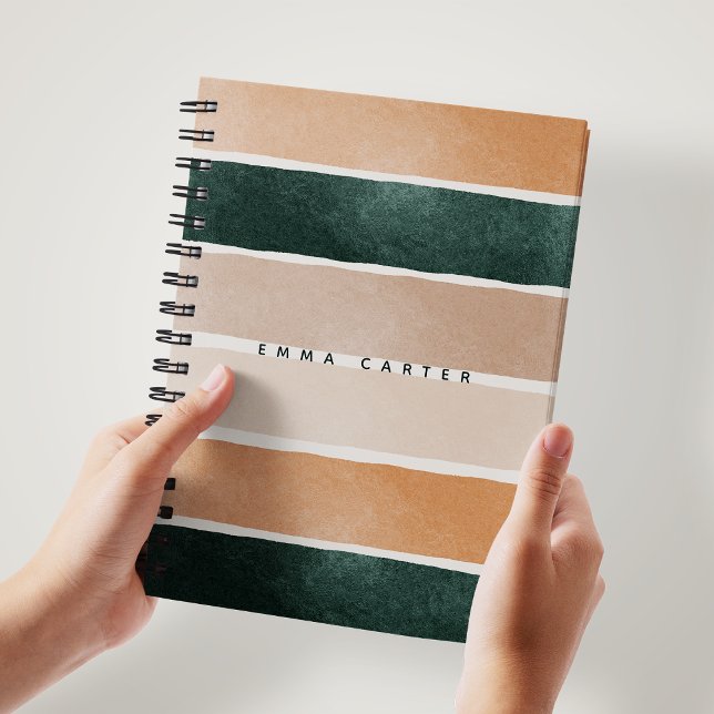Colorblock Brown & Green Abstract Stripes Monogram Notebook (Creator Uploaded)