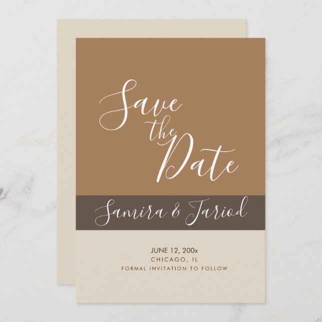 Colorblock Geometrical Brown Save the Dates Card (Front/Back)