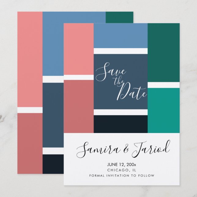 Colorblock Geometrical Shapes Save the Date Card (Front/Back)