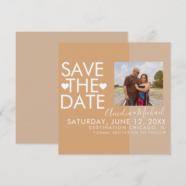 Colorblock Hearts Save the Date Photo   Card (Front/Back)