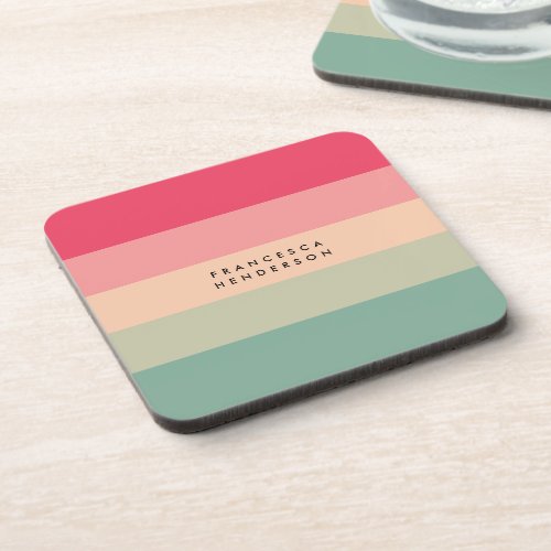 Colorblock Horizontal Stripe Pink  Green Monogram Beverage Coaster