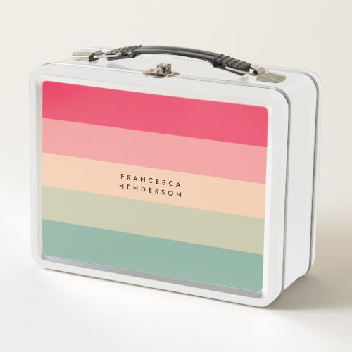 Colorblock Horizontal Stripe Pink  Green Monogram Metal Lunch Box