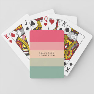 Colorblock Horizontal Stripe Pink & Green Monogram Playing Cards