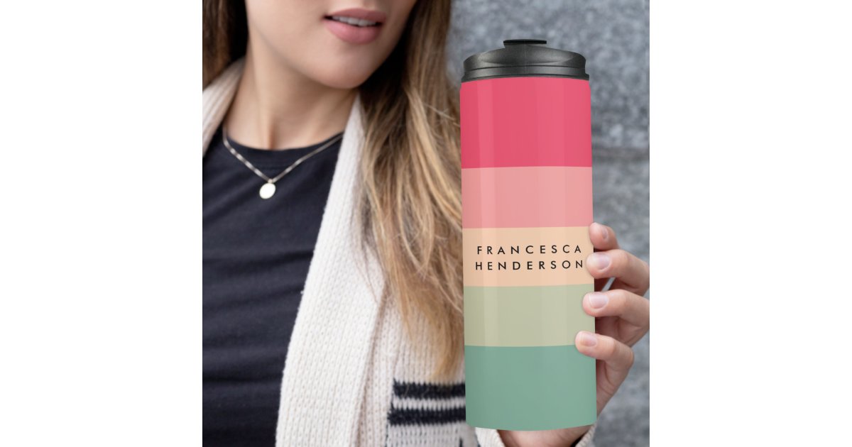 Colorblock Horizontal Stripe Pink & Green Monogram Thermal Tumbler | Zazzle