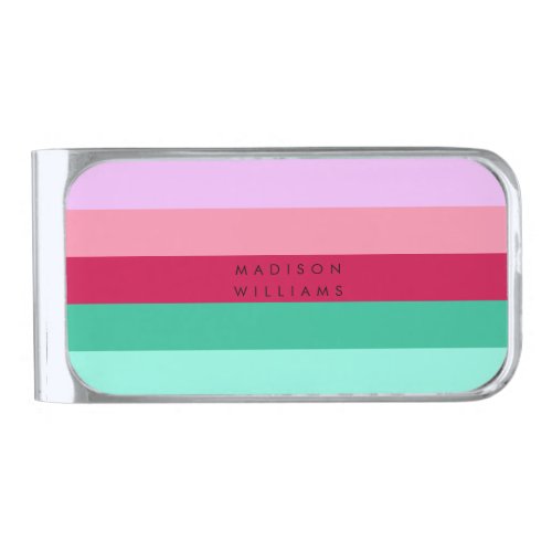 Colorblock Horizontal Stripe Viva Magenta Spring Silver Finish Money Clip