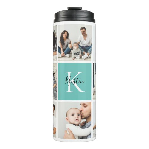 Colorblock Monogram Family Photo Collage  Aqua Thermal Tumbler