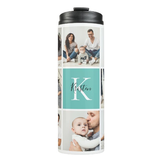 Colorblock Monogram Family Photo Collage | Aqua Thermal Tumbler (Front)