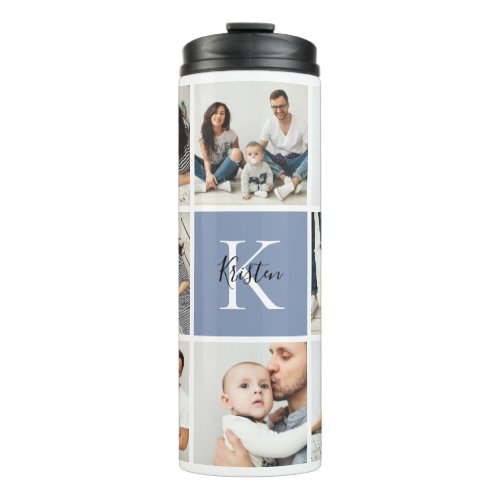 Colorblock Monogram Family Photo Collage  Blue Thermal Tumbler