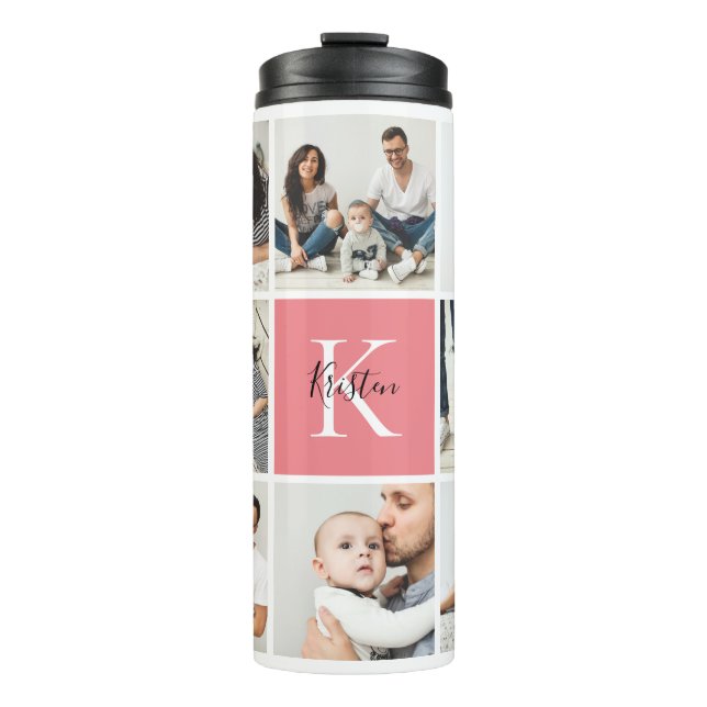 Colorblock Monogram Family Photo Collage | Pink Thermal Tumbler (Front)