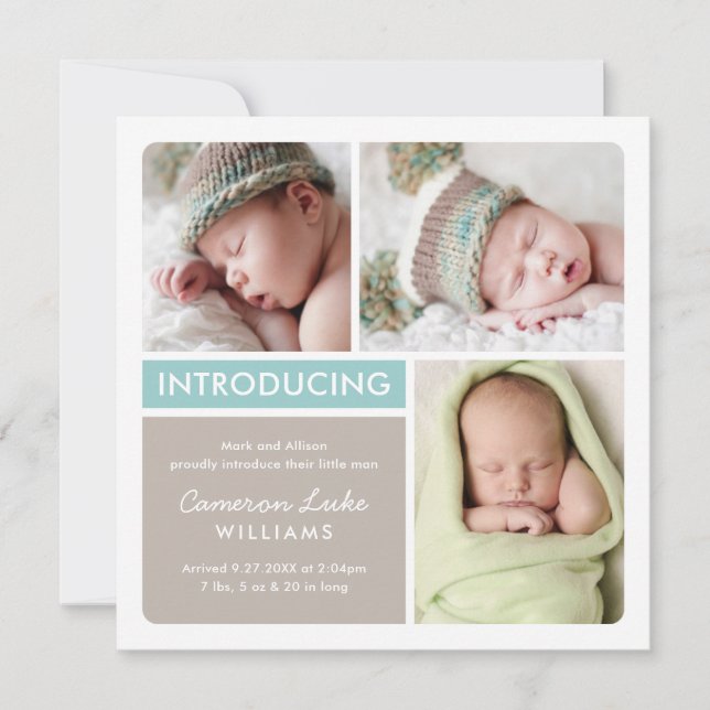 Colorblock Photo Collage Aqua Baby Birth Announcement (Front)