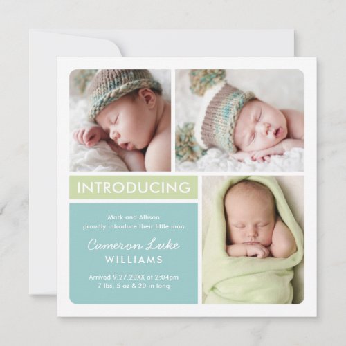 Colorblock Photo Collage Aqua Green Baby Boy Birth Announcement
