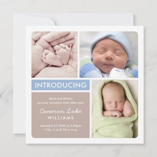 Colorblock Photo Collage Blue Baby Boy Birth Announcement