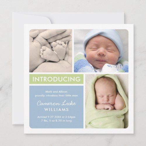 Colorblock Photo Collage Blue Green Baby Boy Birth Announcement