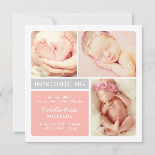 Multi-Photo Birth Announcement Card | Blush Gray