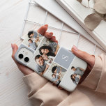 Colorblock Photo Collage & Monogram Case-Mate iPhone 14 Case<br><div class="desc">Chic photo collage phone case features five of your favorite photos in a gridded layout with contrasting squares in neutral blue-grey. Personalize with your single initial monogram in white.</div>
