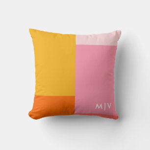 Colorblock Pink and Orange   Modern Monogram Throw Pillow