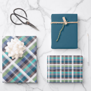 ColorBlock Plaid – Teals, Browns, Purple, Green Wrapping Paper Sheets