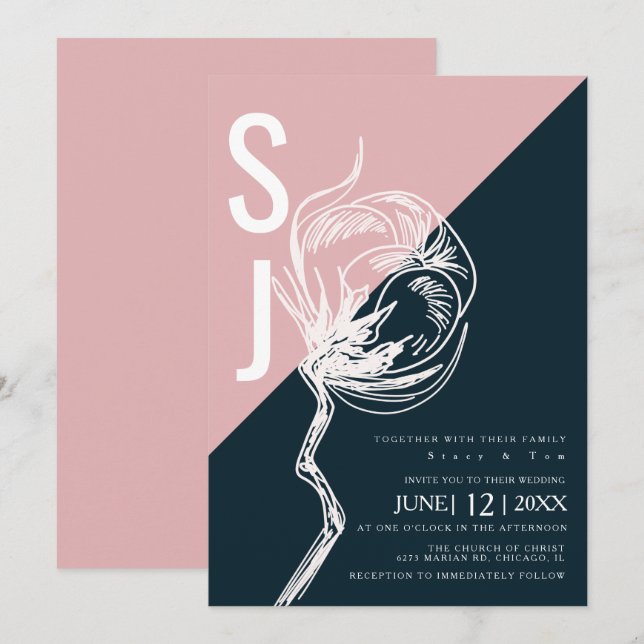 Colorblock Typography Botanical Cotton Wedding Invitation (Front/Back)