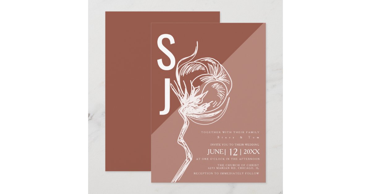Colorblock Typography Botanical Wedding Earth Tone Invitation | Zazzle