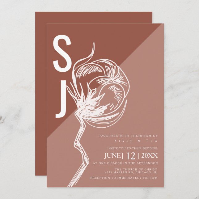 Colorblock Typography Botanical Wedding Earth Tone Invitation (Front/Back)