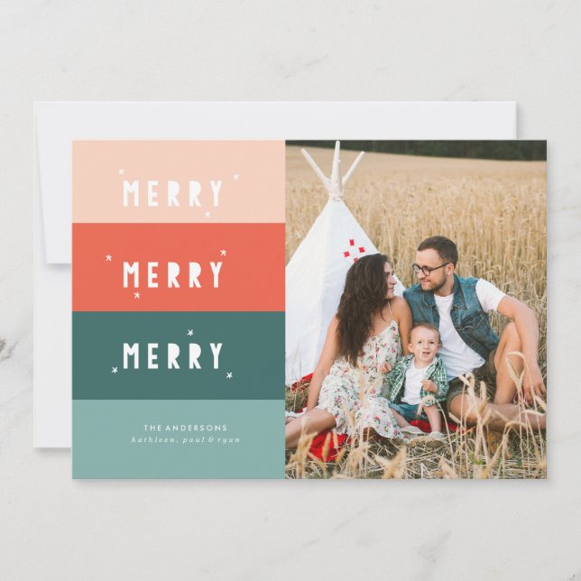 Colorblocked MERRY MERRY MERRY Christmas Card (Front)