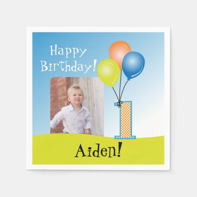 Colored Balloons | Child's 1st Birthday Photo Napkins (Front)