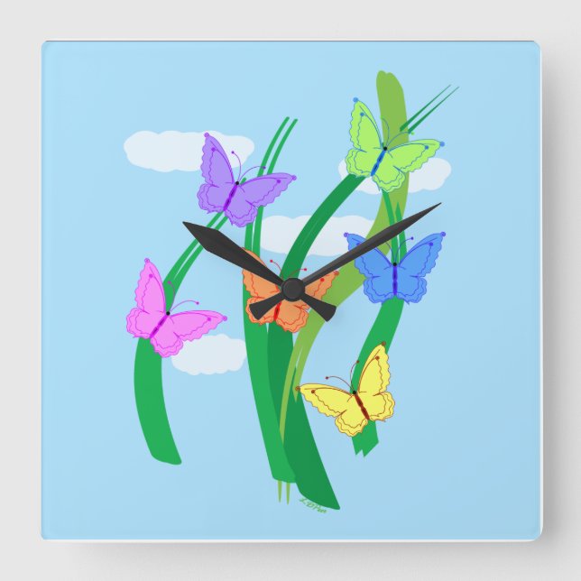 Colored Butterflies and Sky  Square Wall Clock (Front)