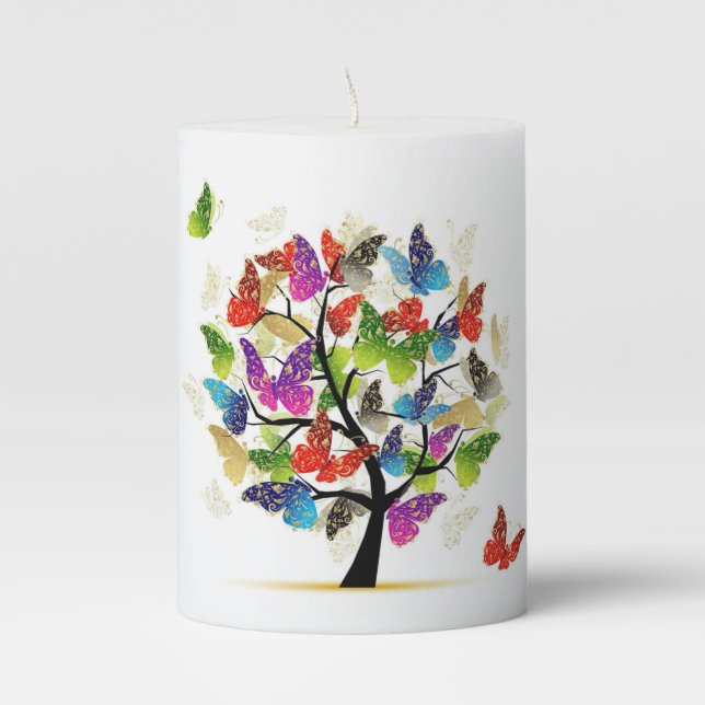 Colored butterflies pillar candle (Front)