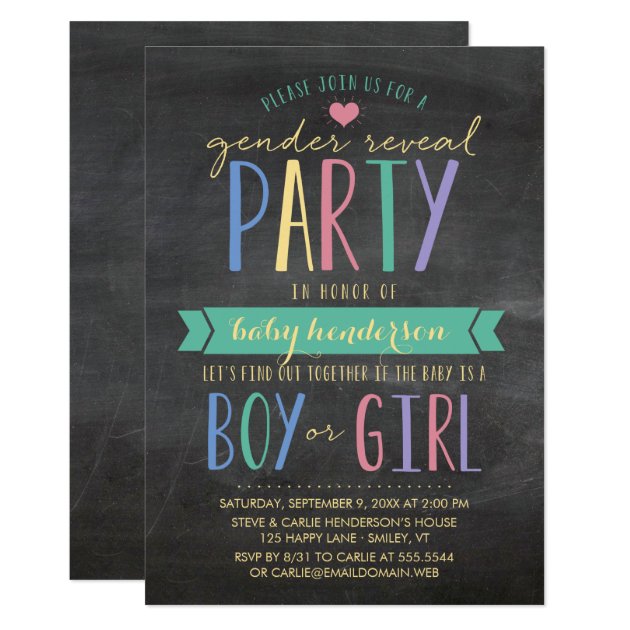 Colored Chalkboard Gender Reveal Party Invitation