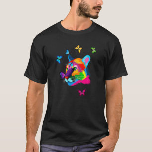 Colored Cougar Colorful Mountain Lion Cat Butterfl T-Shirt