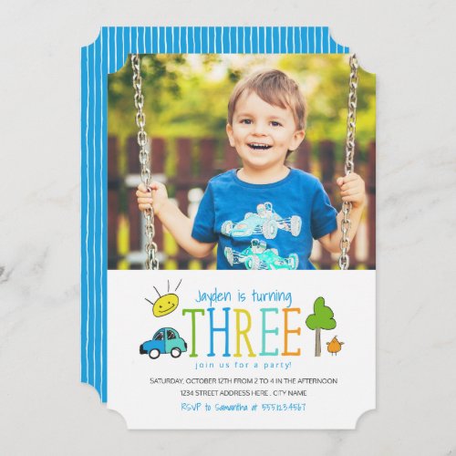 Colored Doodles 3rd Birthday Party Invite  Car