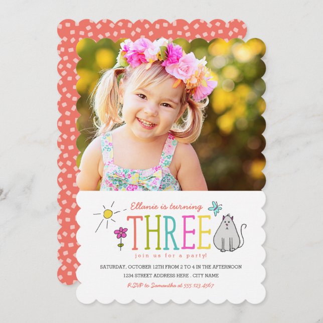 Colored Doodles 3rd Birthday Party Invite | Kitty (Front/Back)