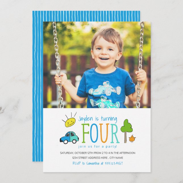 Colored Doodles 4th Birthday Party Invite / Car (Front/Back)