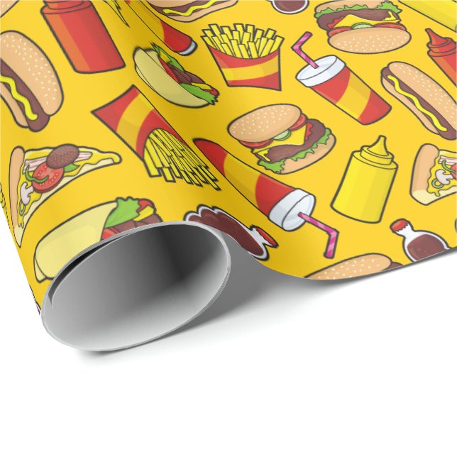 Colored Fast Food Icons Pattern Wrapping Paper (Roll Corner)