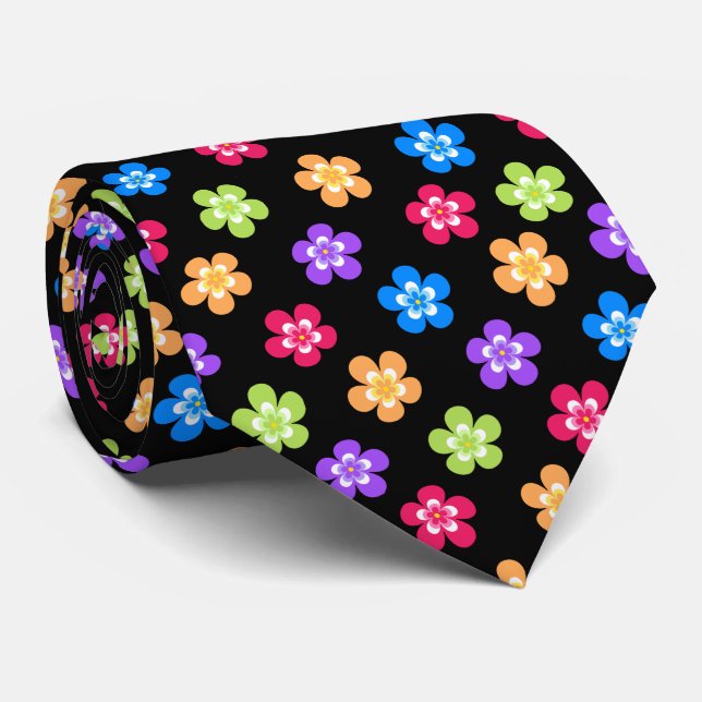 Colored Flower Power Flowers Neck Tie (Rolled)