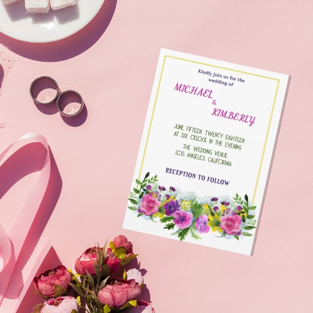 Colored flowers golden frame Wedding Invitation (Creator Uploaded)
