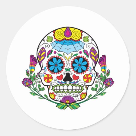 Colored Flowers Mexican Tattoo Sugar Skull Classic Round Sticker