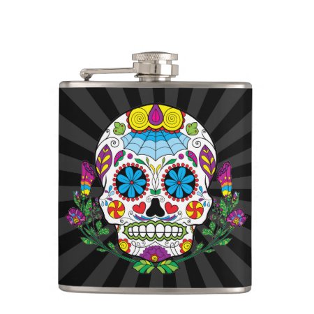 Colored Flowers Mexican Tattoo Sugar Skull Hip Flask