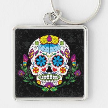 Colored Flowers Mexican Tattoo Sugar Skull Keychain by TattooSugarSkulls at Zazzle