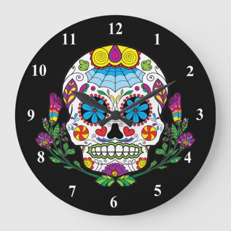Colored Flowers Mexican Tattoo Sugar Skull Large Clock