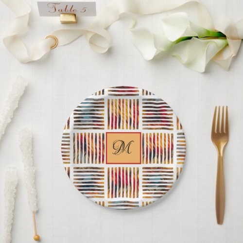 Colored Geometric Stripe Pattern Monogram Custom Paper Plates