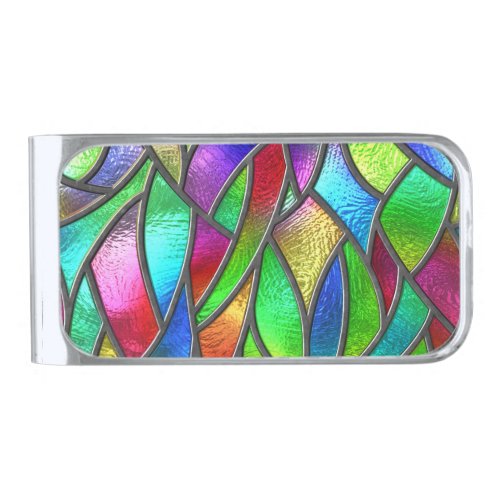 Colored Glass Pattern 3D Texture Silver Finish Money Clip