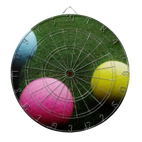 colored golf balls and cart dartboard