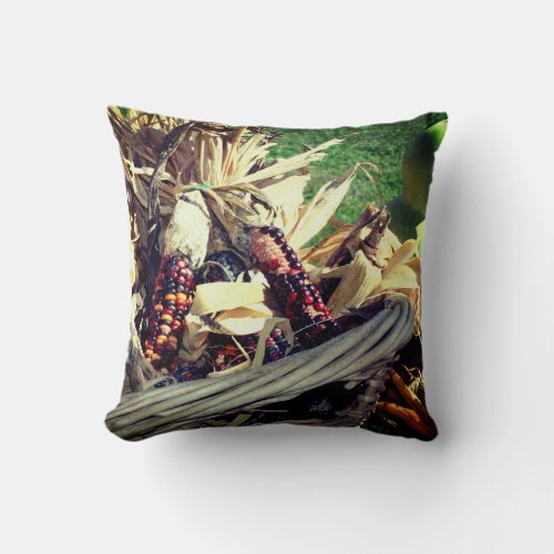 Colored Indian Corn In Wicker Basket Fall  Throw Pillow