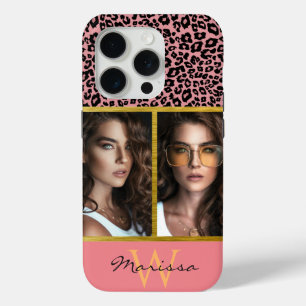 Colored Leopard Print Photo Collage & Monogram iPhone 15 Pro Case